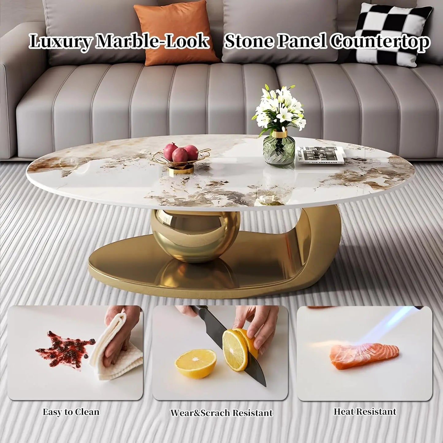 Modern Marble Oval Coffee Table with Gold Metal Base