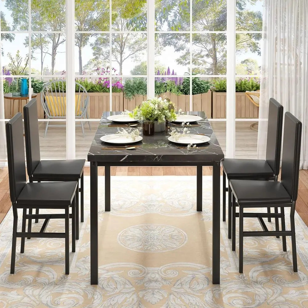 XMSJ Marble Dining Set With Four PU Leather Chairs