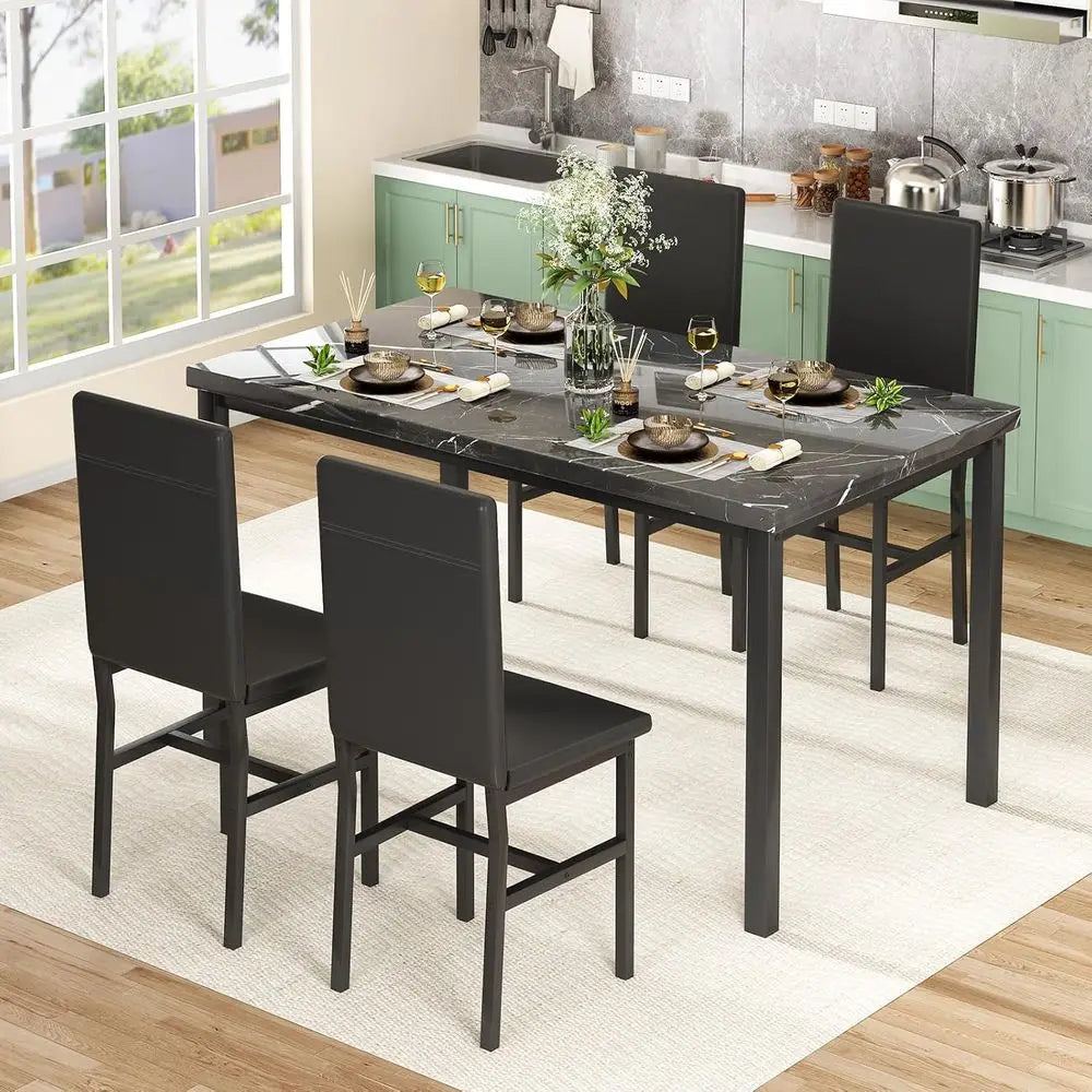 XMSJ Marble Dining Set With Four PU Leather Chairs