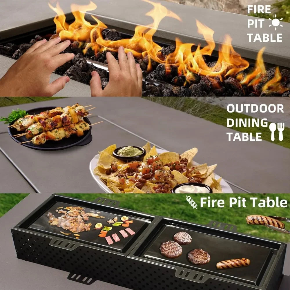 Rectangular Propane Fire Pit Table 50k BTU With Griddle