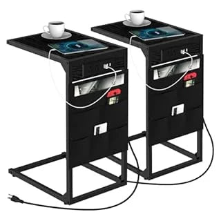 C Shaped End Table With USB Charging And Metal Frame