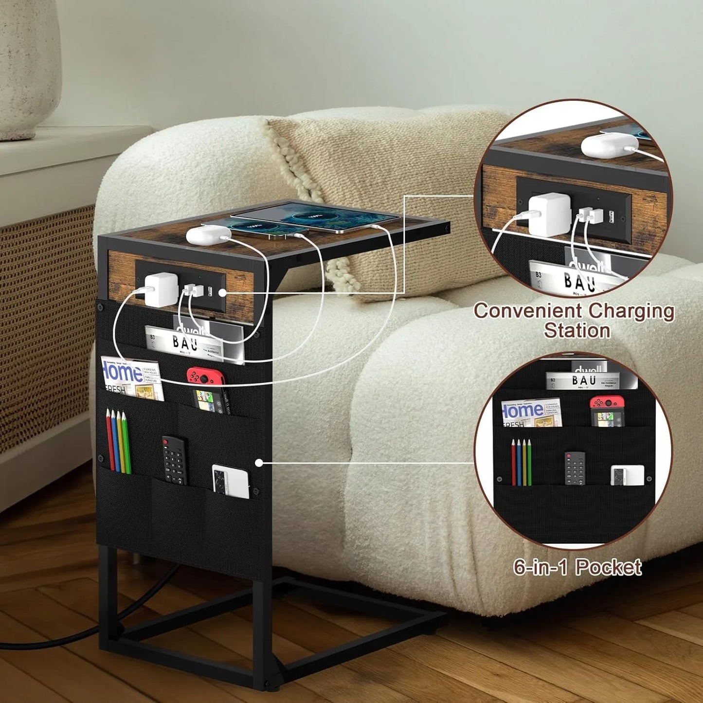 C Shaped End Table With USB Charging And Metal Frame