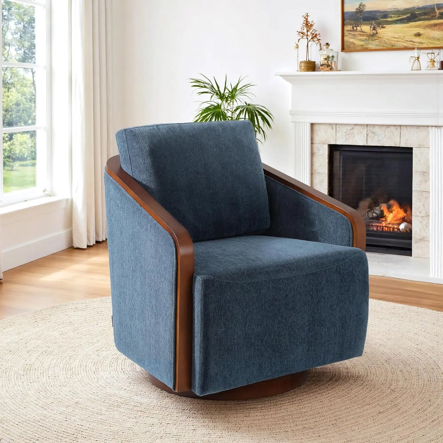 360 Degree Swivel Upholstered Round Barrel Chair Chenille Armchair