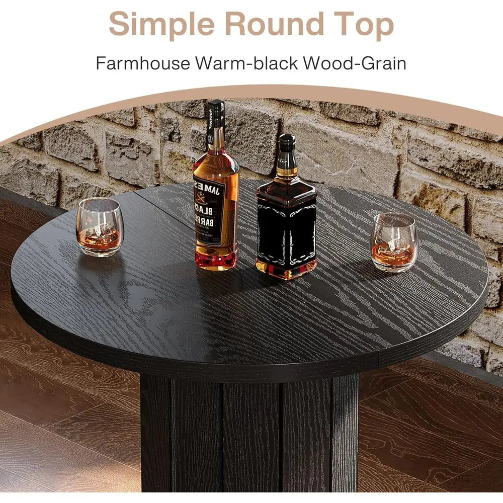LISM Round Wood Bar Table With Metal Ring Footrest