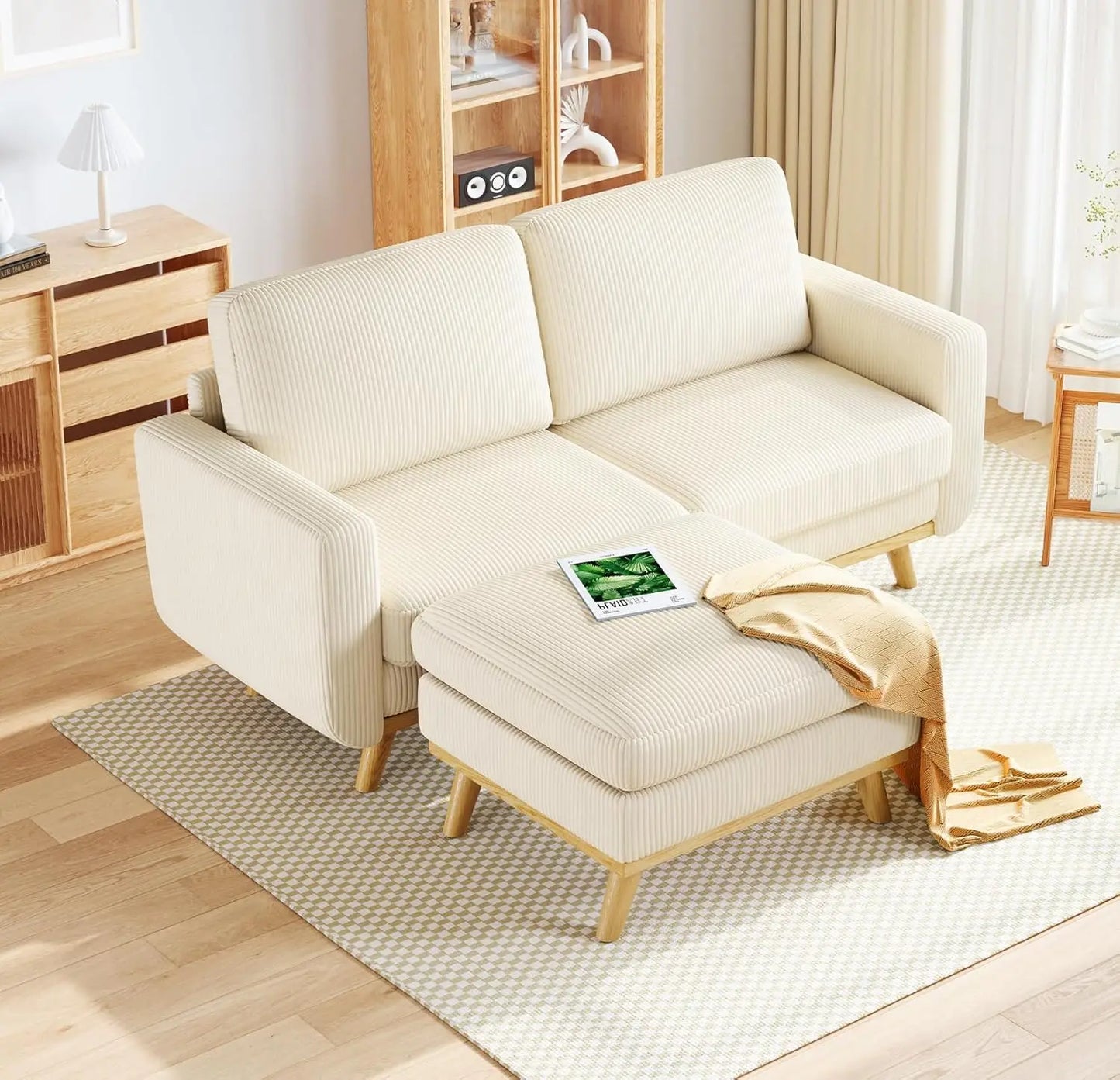 HUANZHUANG Corduroy Loveseat Sofa With Spring Cushion Solid Wood Frame