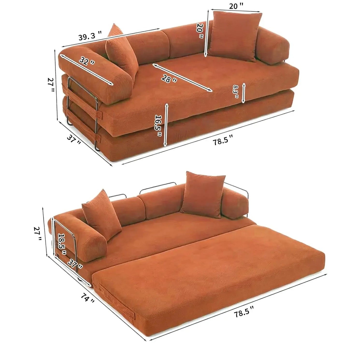 Convertible Sleeper Sofa Bed Corduroy Memory Foam Couch