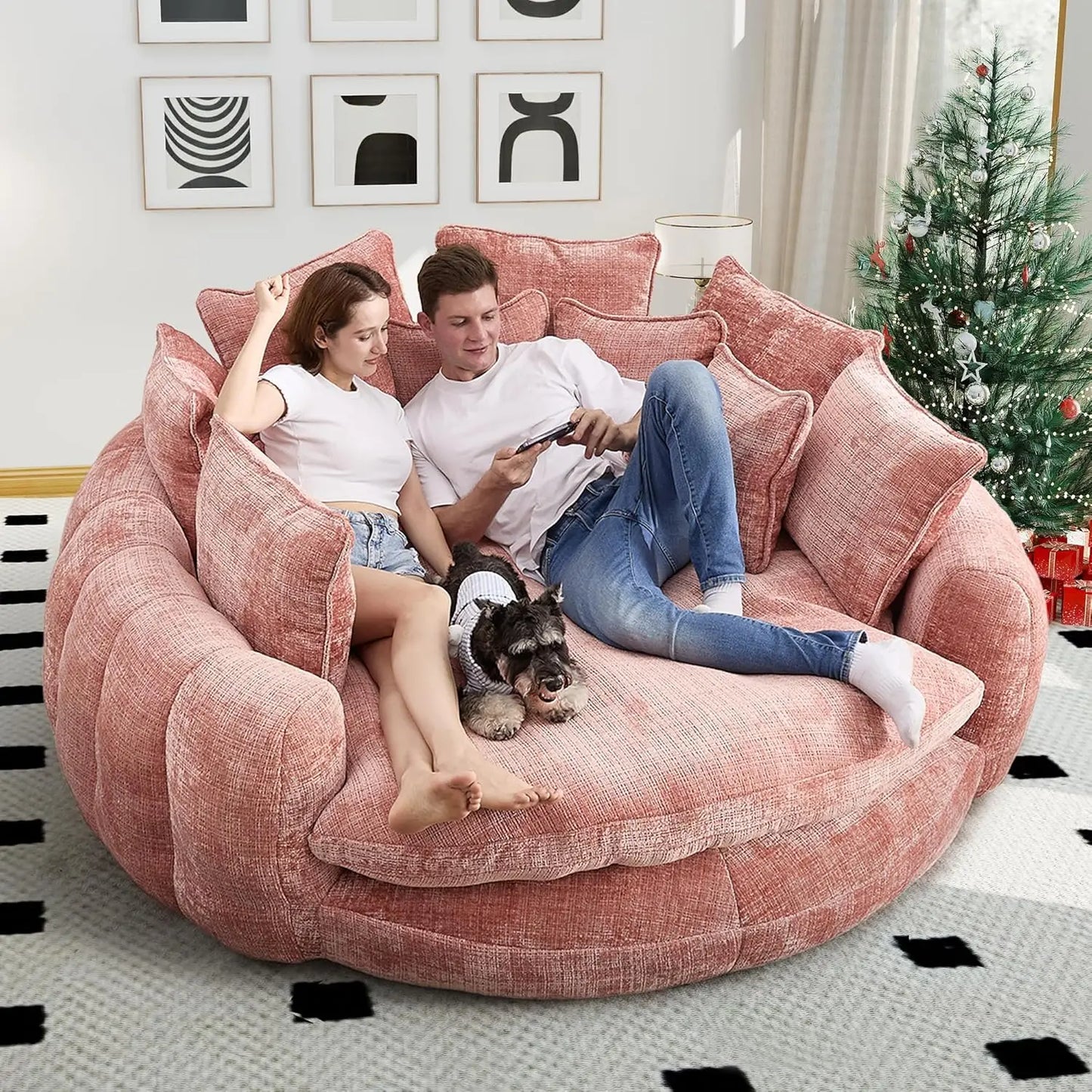 Round Chenille Chaise Lounge Couch With Backrest And Pillows