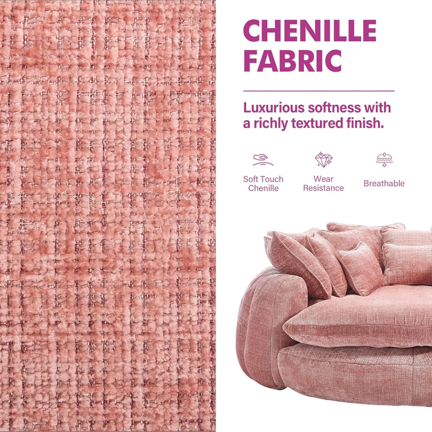 Round Chenille Chaise Lounge Couch With Backrest And Pillows
