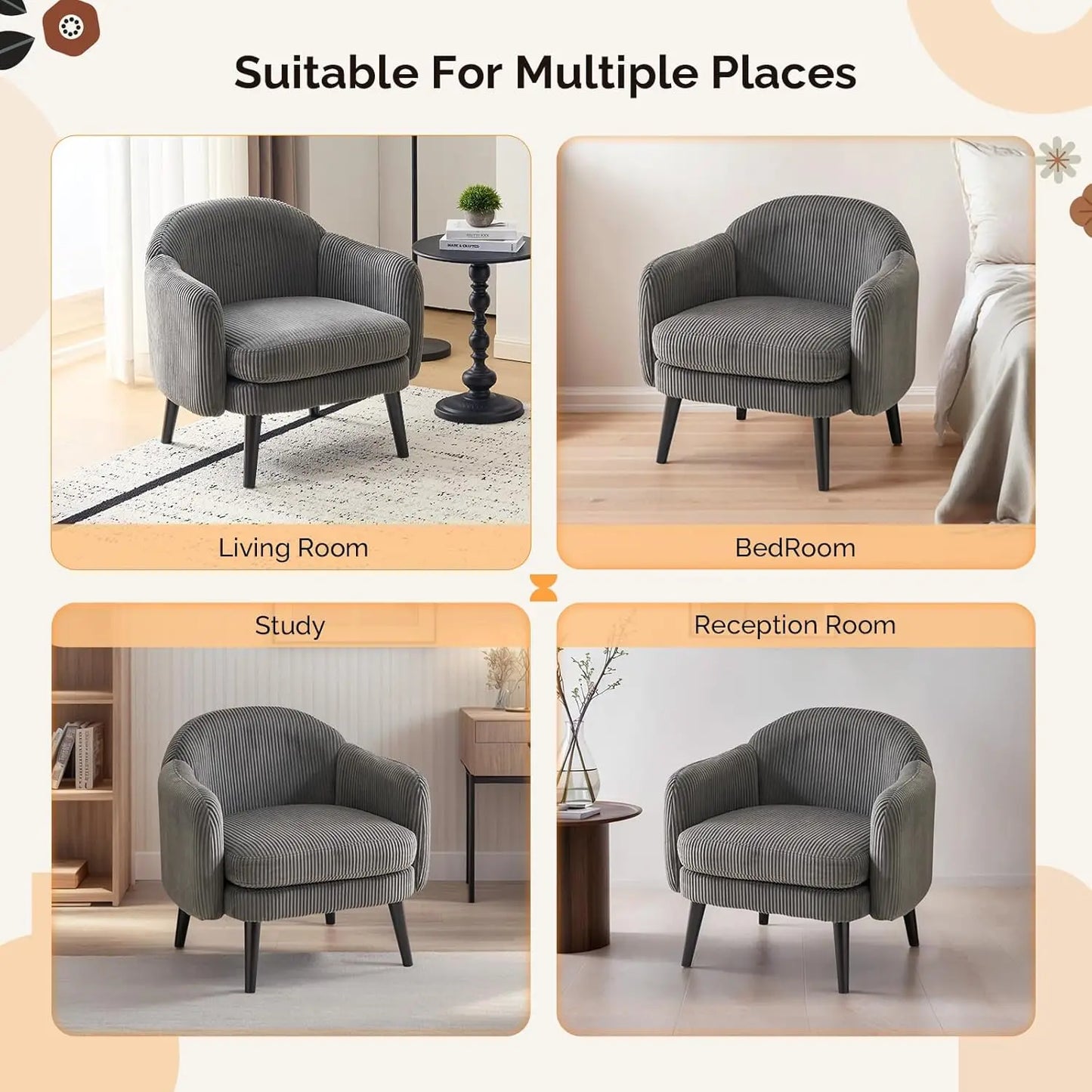Barrel Accent Chair Set Armrest Track Wood Legs Upholstered Corduroy