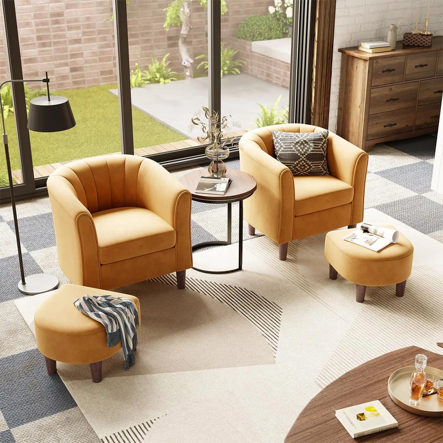 Velvet Barrel Chair With Ottoman Accent For Small Spaces