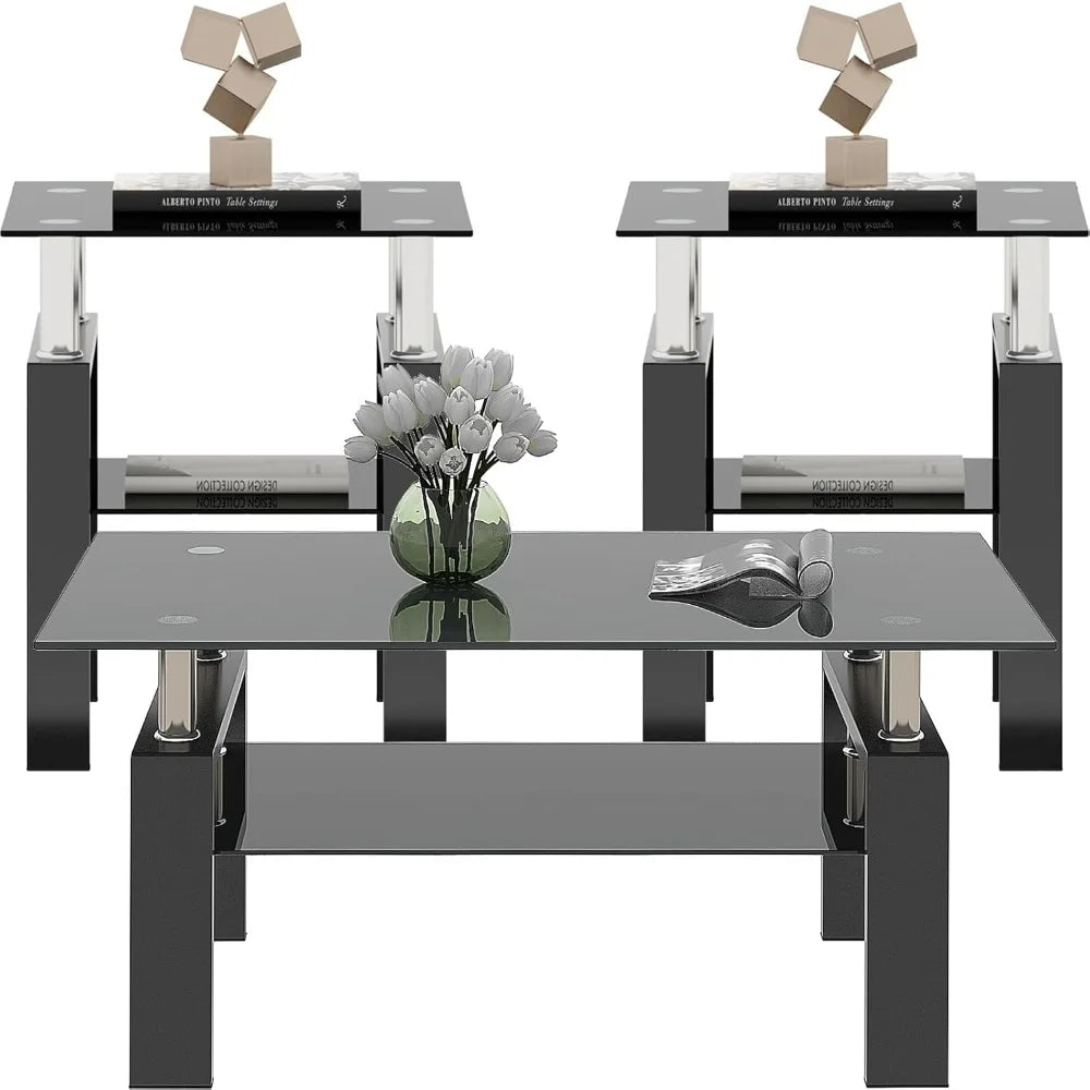 3-Piece Glass Coffee Table Set With End Tables Modern Metal