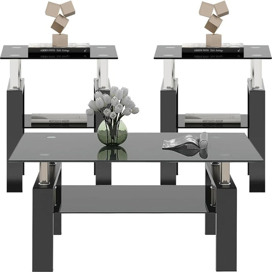 3-Piece Glass Coffee Table Set With End Tables Modern Metal