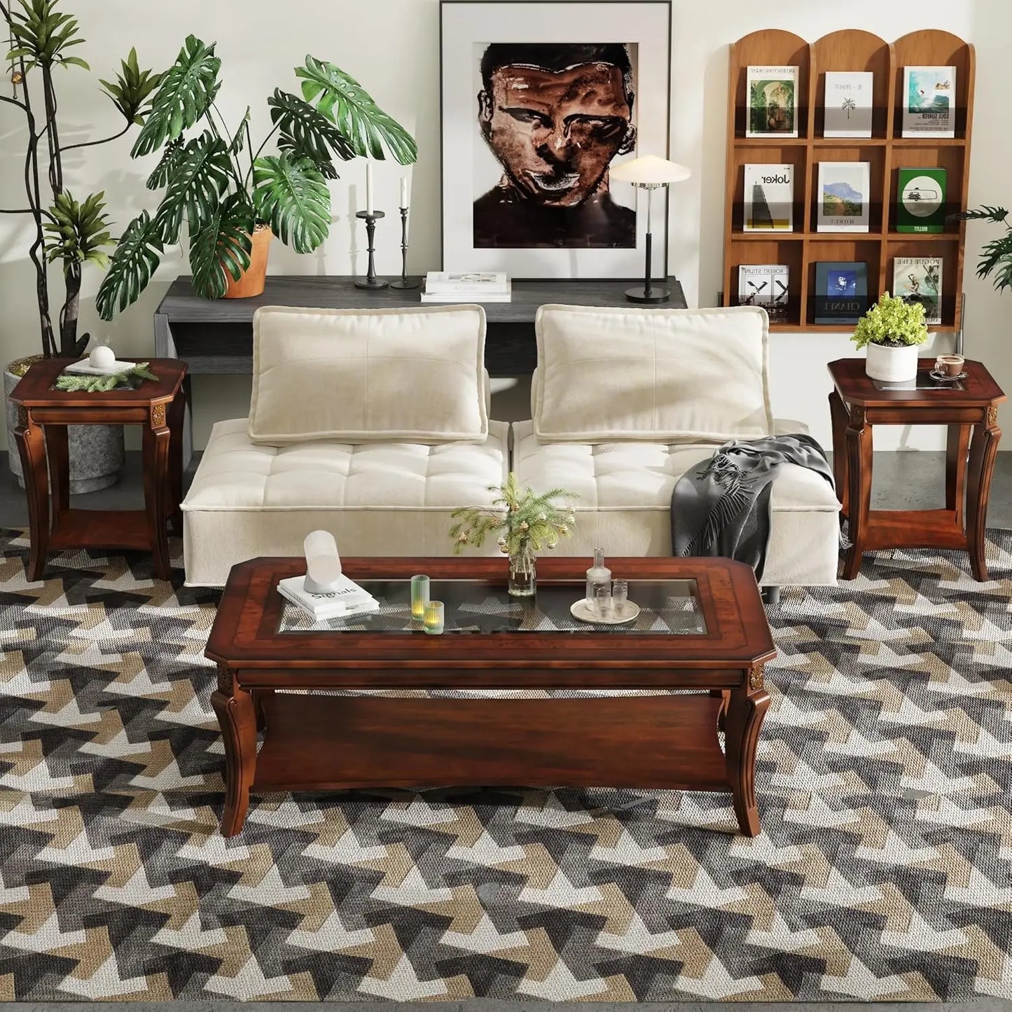 Solid Wood 3-Piece Living Room Set With Coffee Table