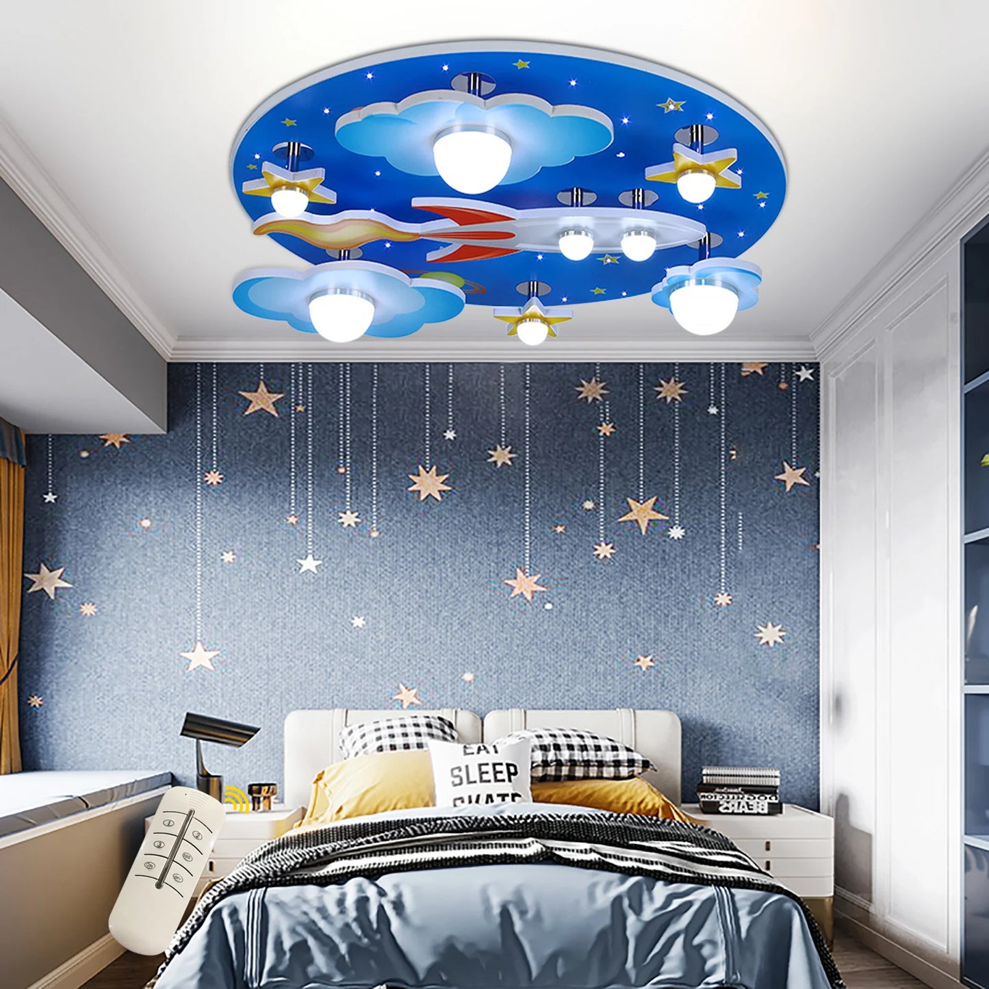 Modern Cartoon LED Ceiling Light Dimmable Wood Stars Chandelier