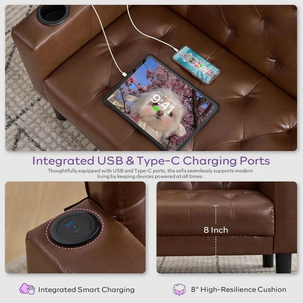Leather Loveseat With USB Ports And Cupholders Mid Century Modern