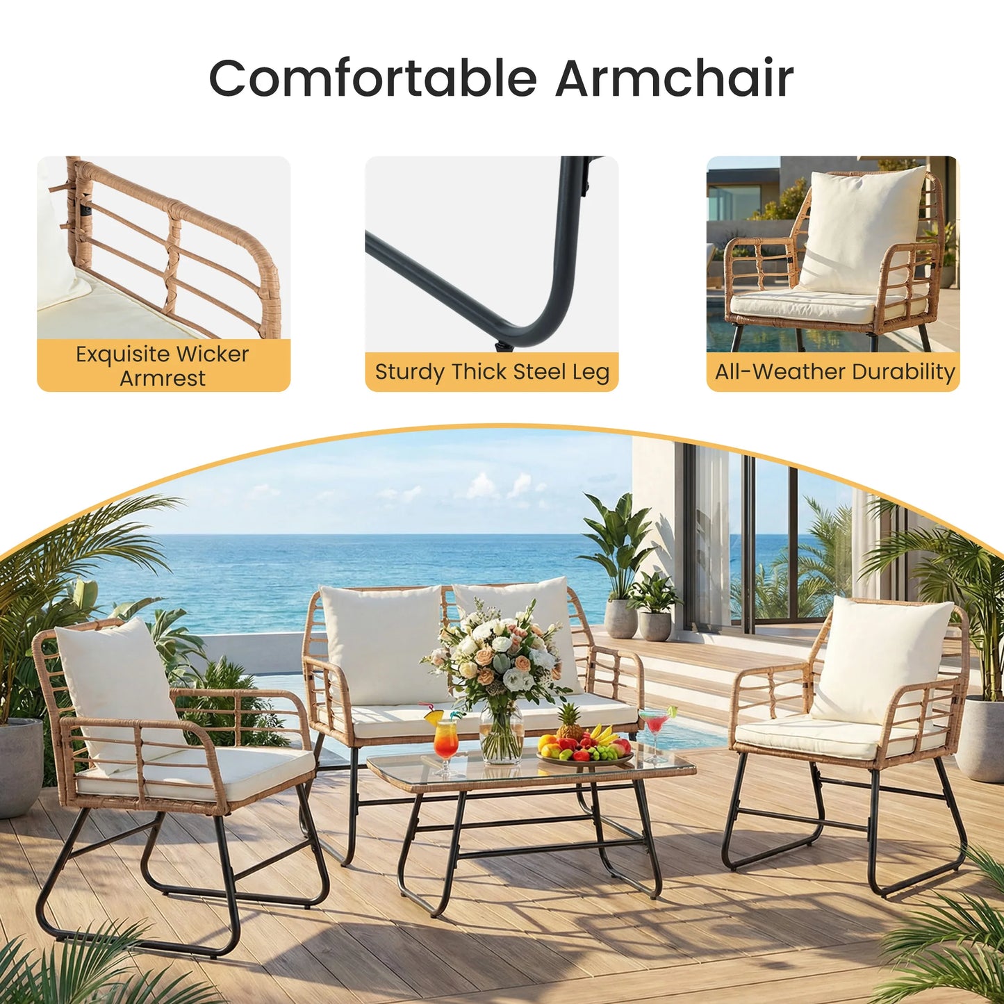 Outdoor Wicker Patio Furniture Set 4 With Cushions Glass Table