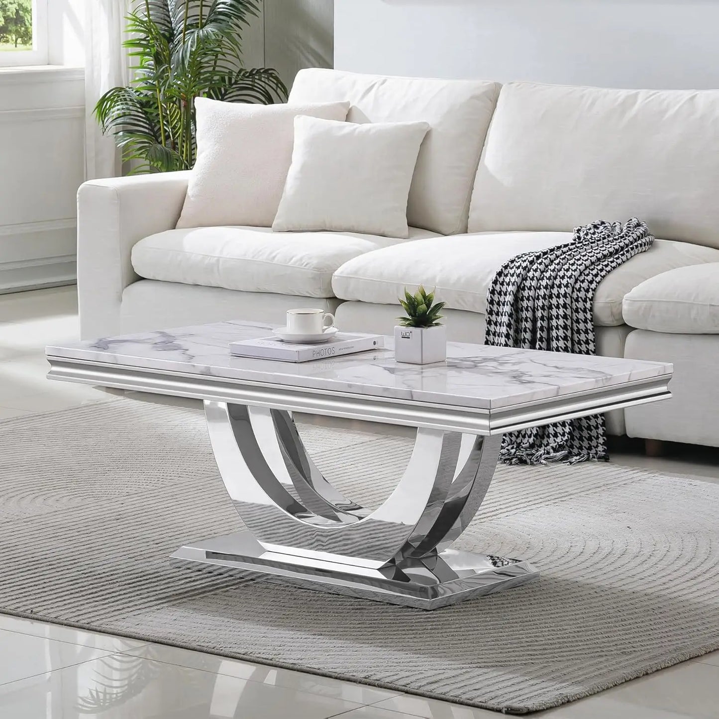 Modern Marble End Table With U Shaped Stainless Steel Base
