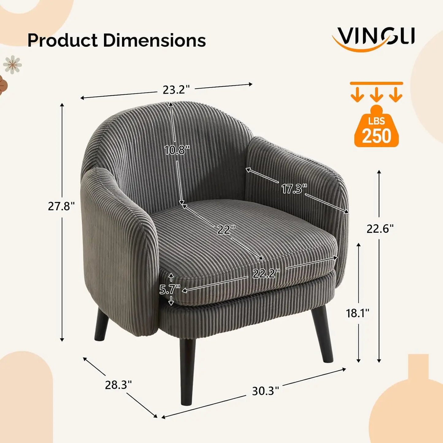 Barrel Accent Chair Set Armrest Track Wood Legs Upholstered Corduroy