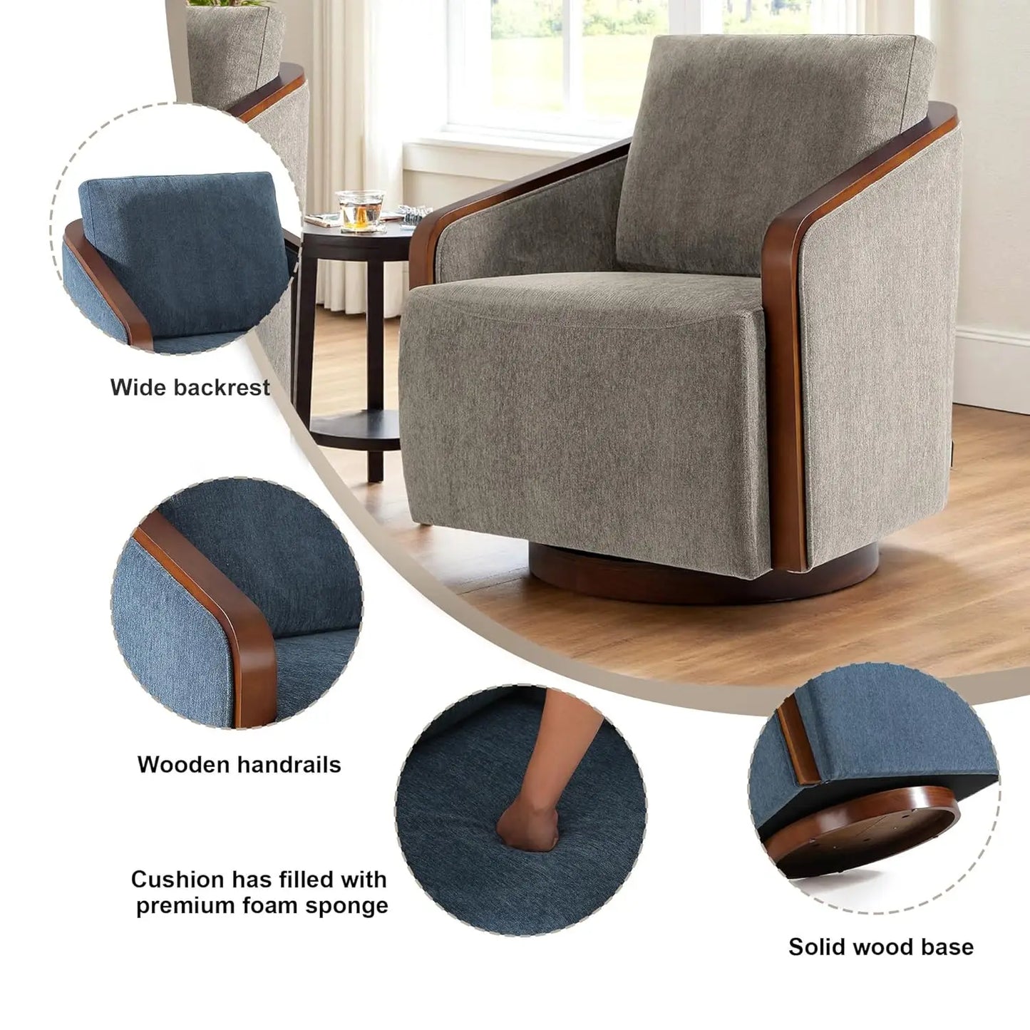 360 Degree Swivel Upholstered Round Barrel Chair Chenille Armchair