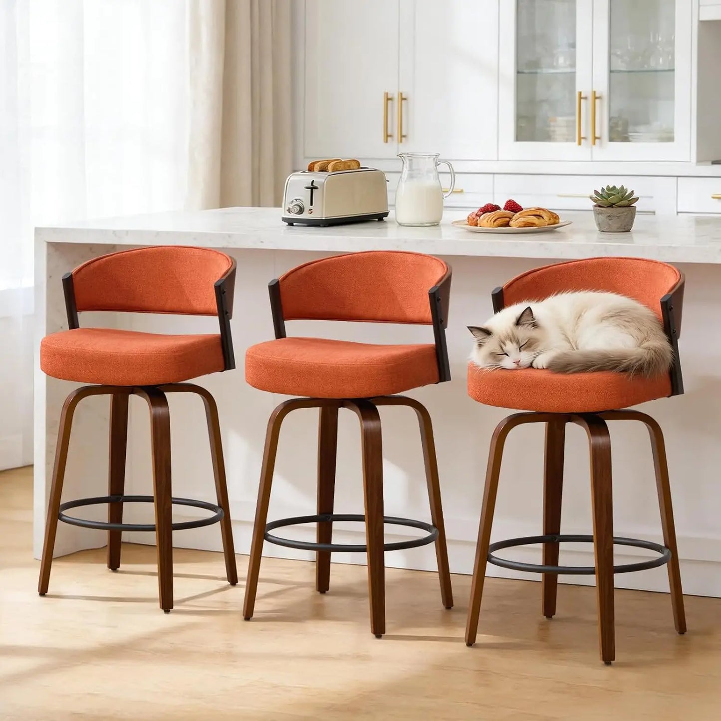 Swivel Bar Stools Set Of 3 With Curved Open Back And Half Arms