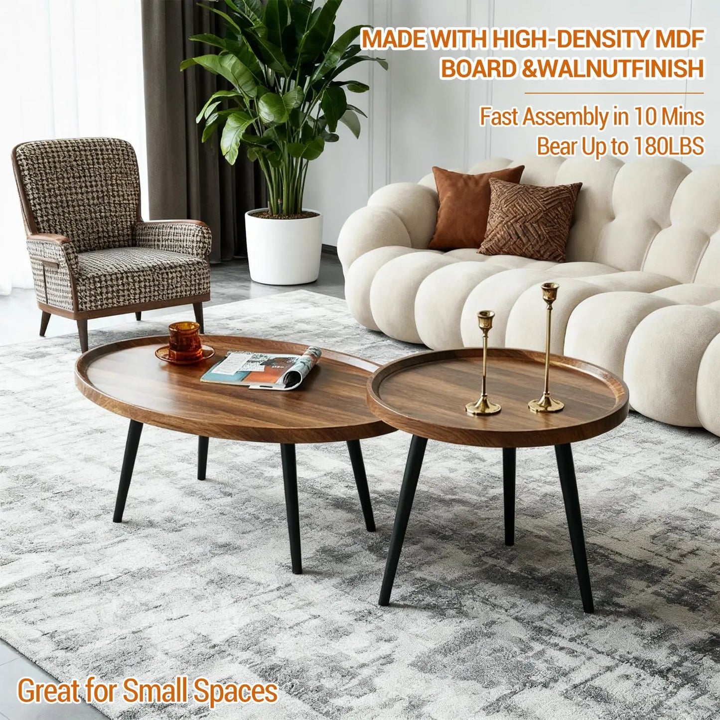 HiMISS Nesting Coffee Tables Set Walnut Mid Century Modern