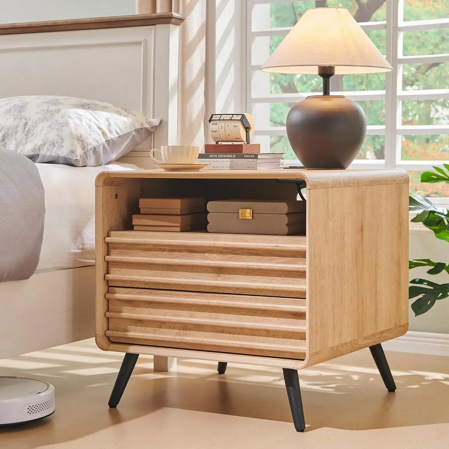 Mid Century Modern Fluted Nightstand Pair With Charger Station