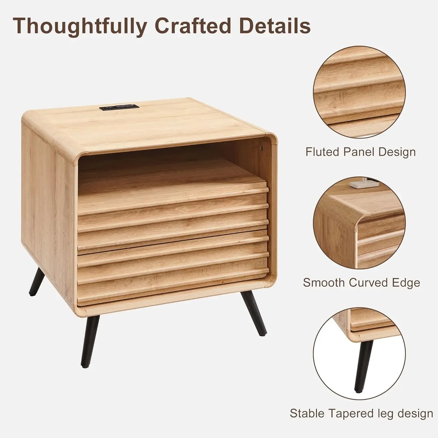 Mid Century Modern Fluted Nightstand Pair With Charger Station