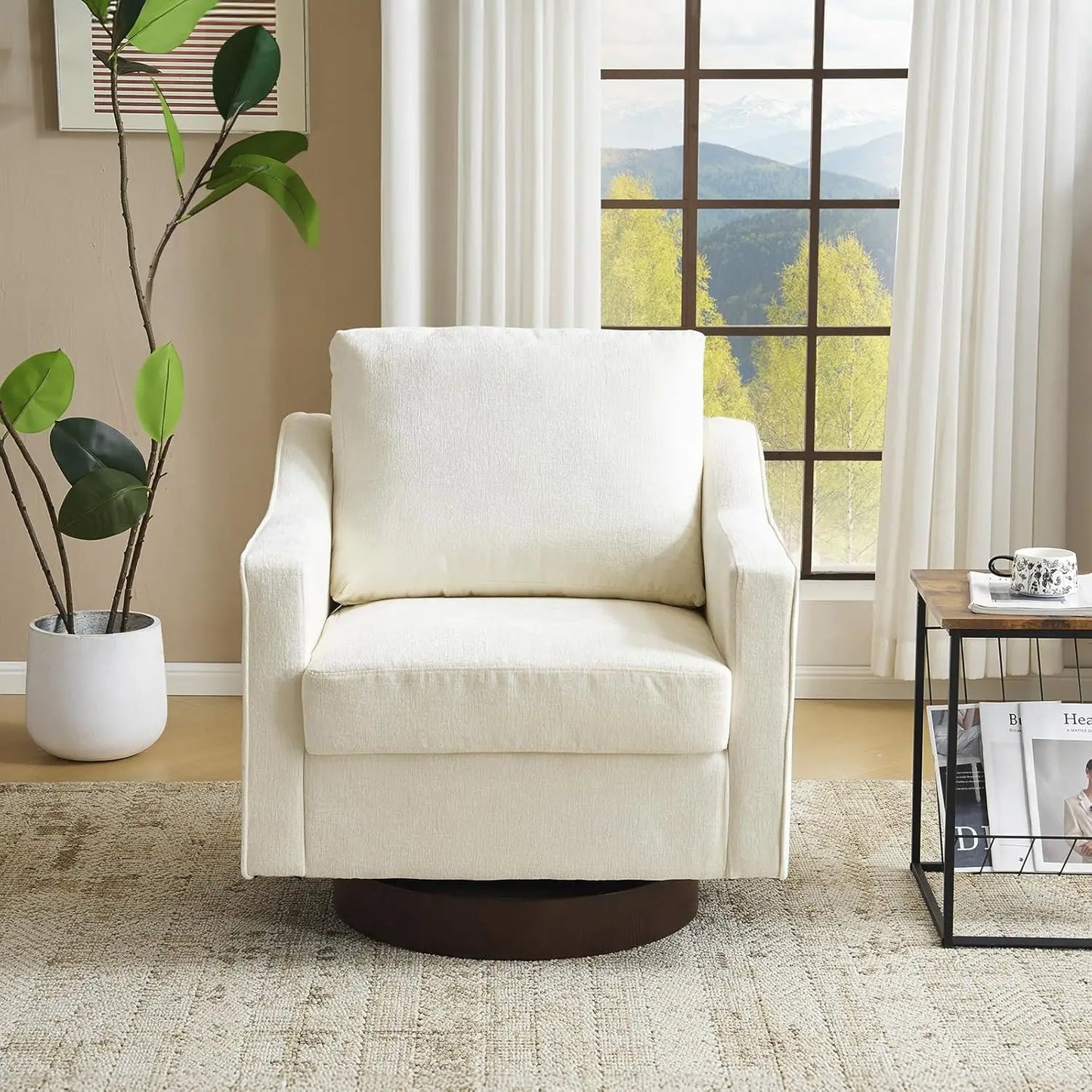 Mid Century Modern Swivel Accent Armchair 360 Degree Upholstered Track Arms