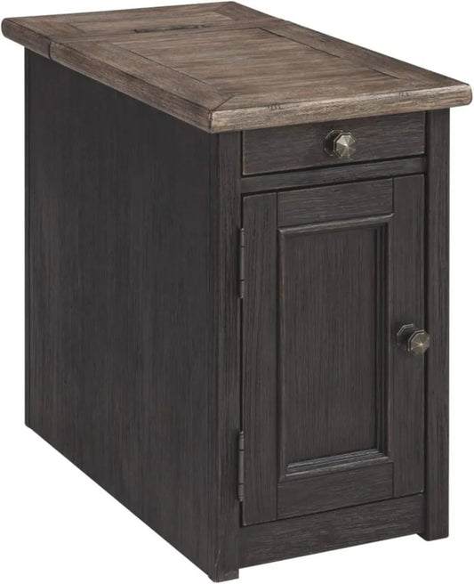 Rustic Chair Side End Table With Pull Out USB Ports