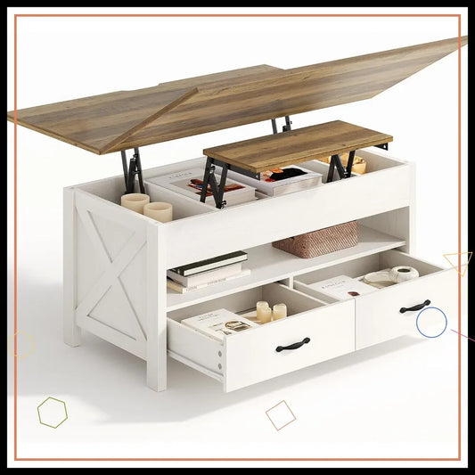 Farmhouse Lift Top Coffee Table With Storage And Hidden Compartment