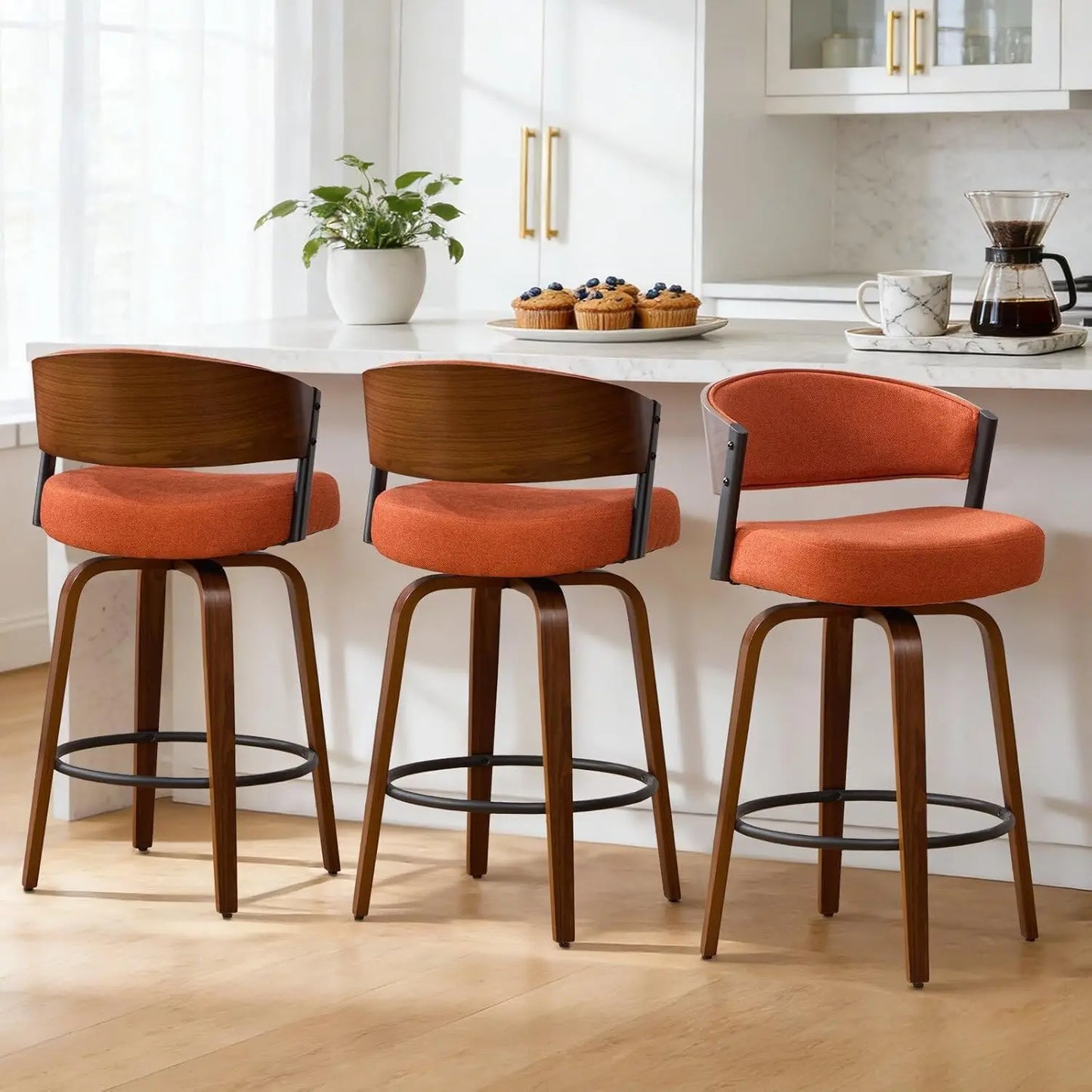 Swivel Bar Stools Set Of 3 With Curved Open Back And Half Arms