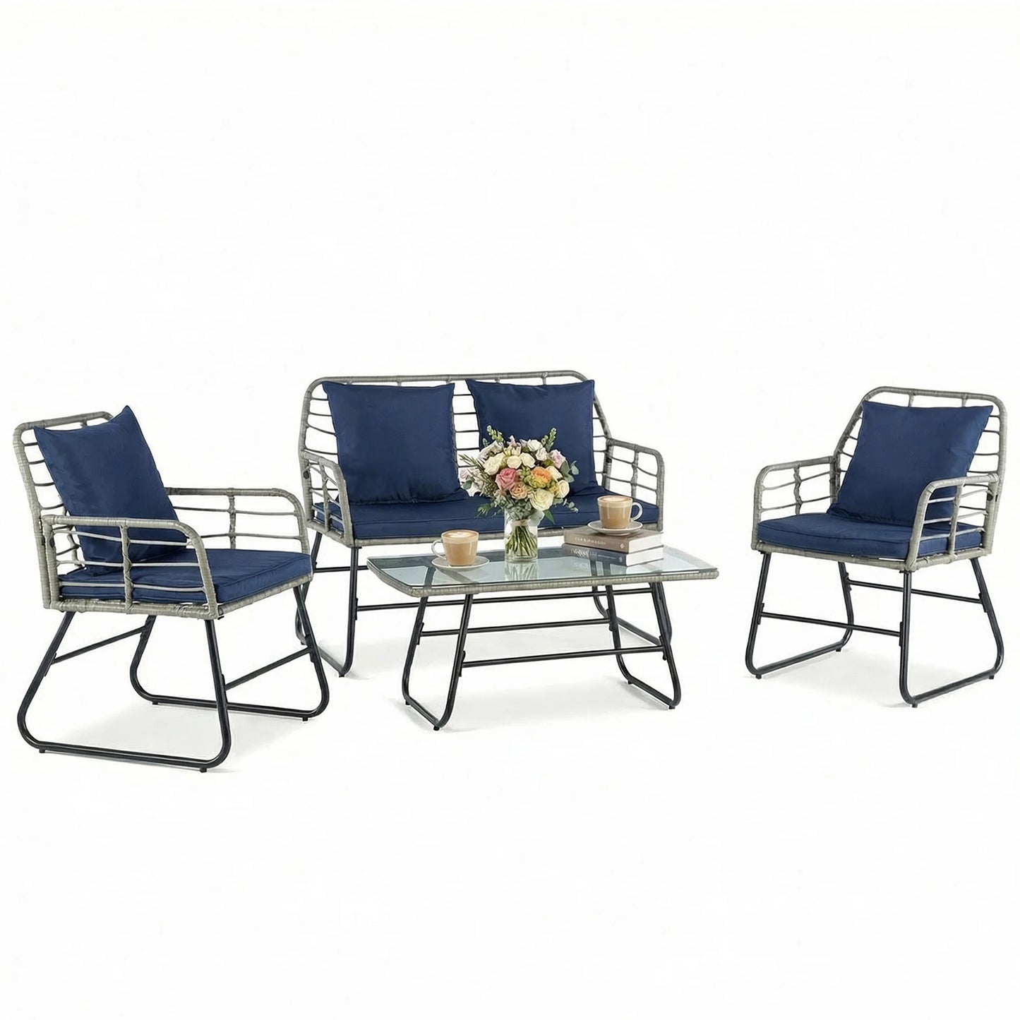 Outdoor Wicker Patio Furniture Set 4 With Cushions Glass Table