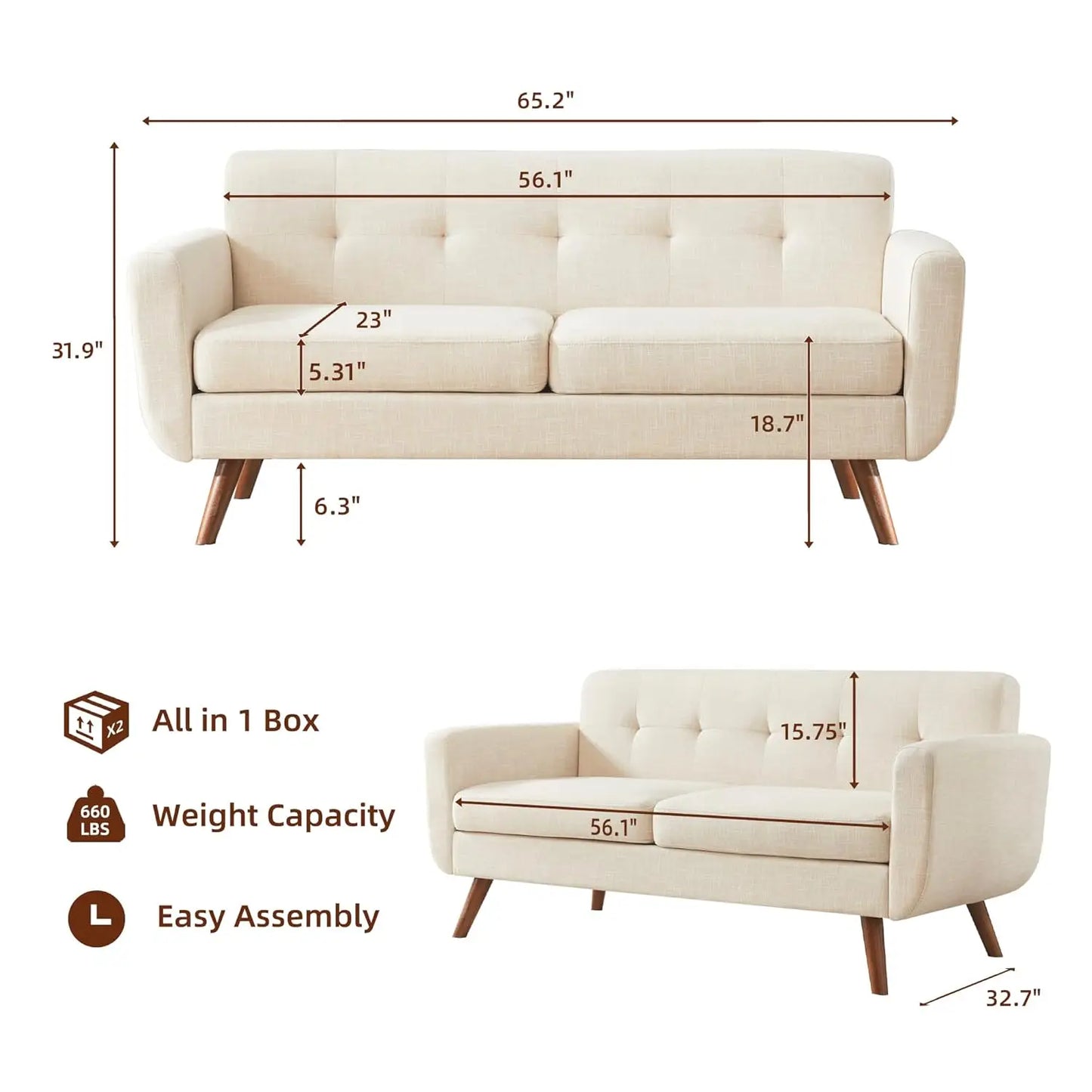 Mid Century Modern Button Tufted Upholstered Loveseat