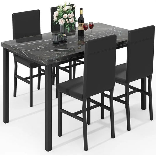 XMSJ Marble Dining Set With Four PU Leather Chairs