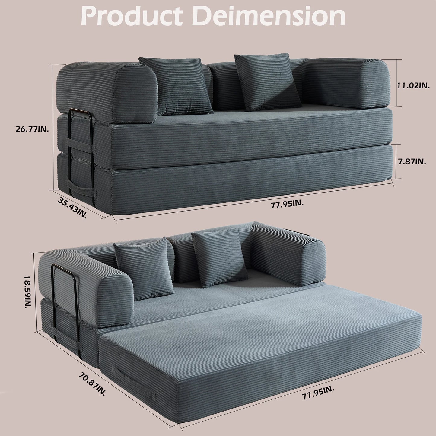 THOLASIS Folding Convertible Corduroy Sofa Bed For Small Spaces