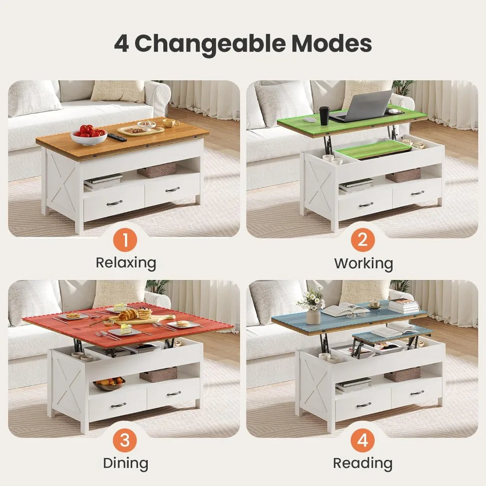 Farmhouse Lift Top Coffee Table With Storage And Hidden Compartment