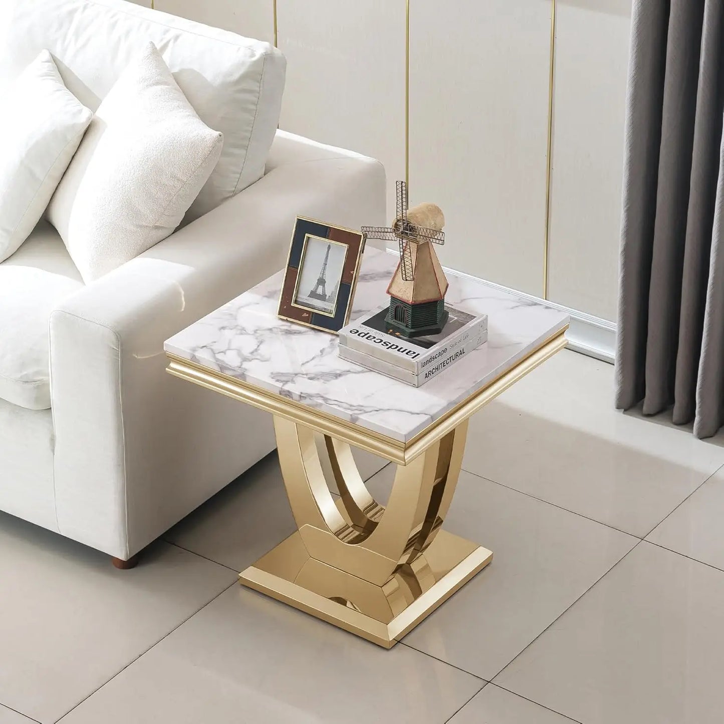 Modern Marble End Table With U Shaped Stainless Steel Base