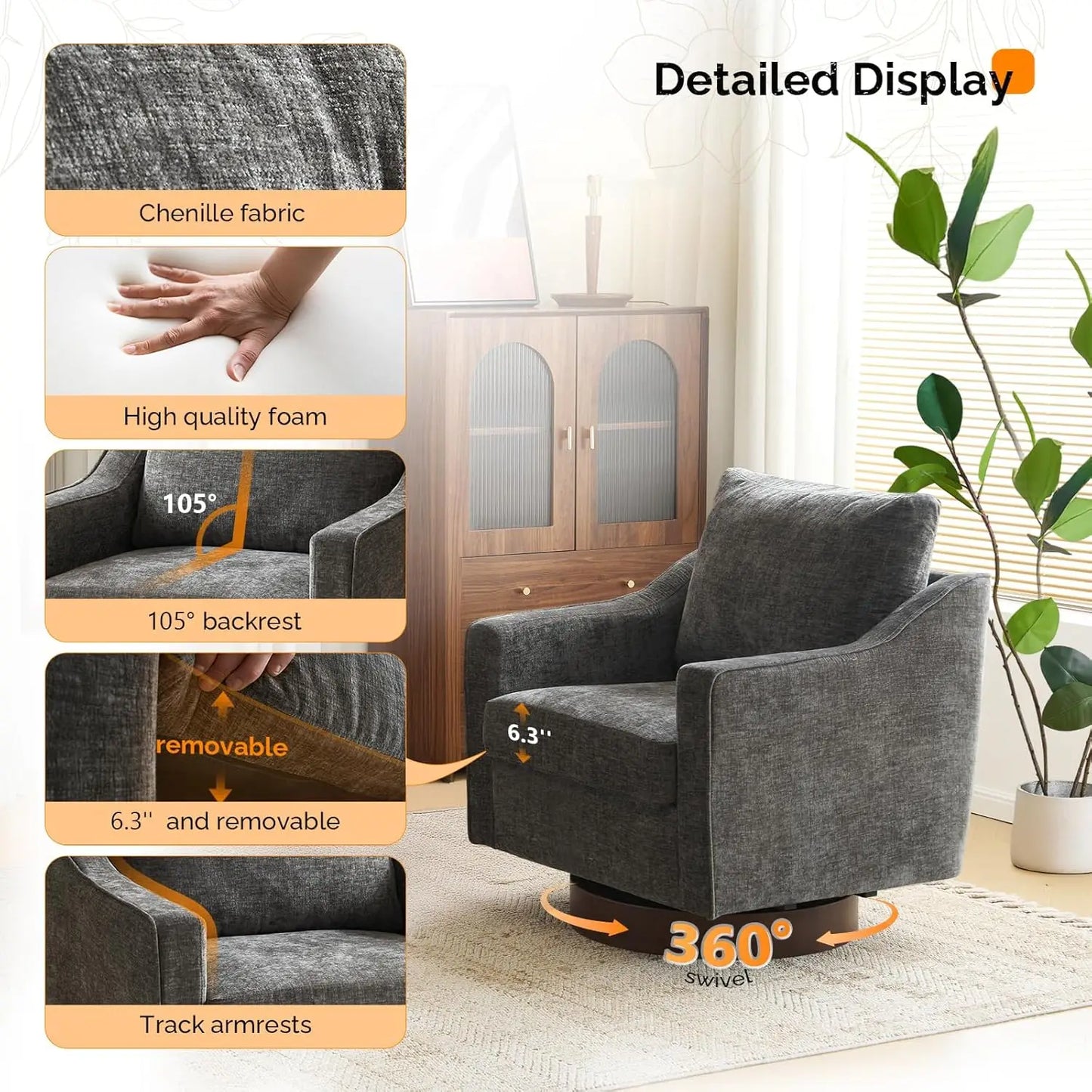 Mid Century Modern Swivel Accent Armchair 360 Degree Upholstered Track Arms