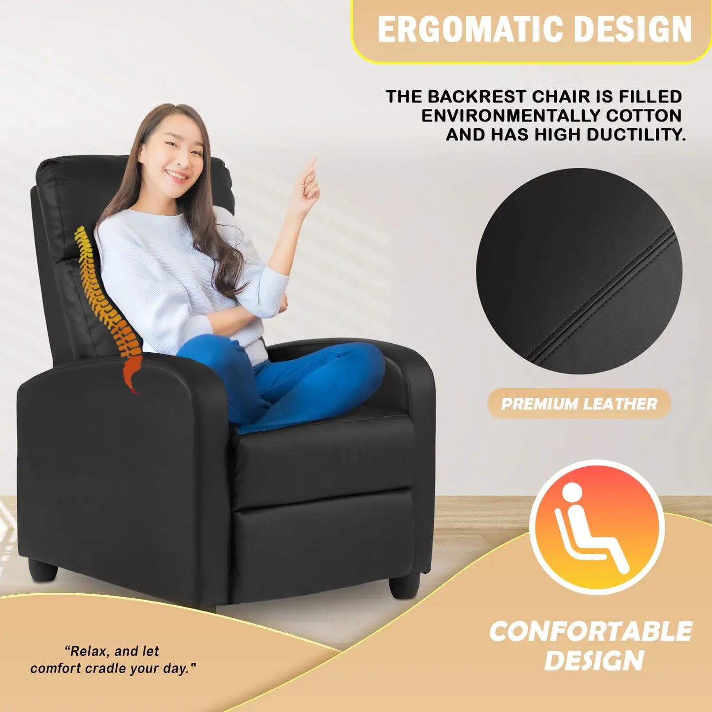 Recliner Chair Single Reclining Sofa For Home Theater Lumbar Support
