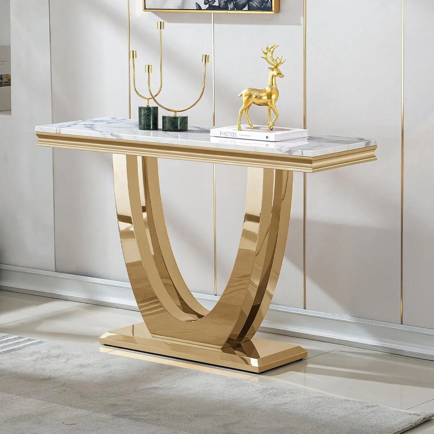 Modern Marble End Table With U Shaped Stainless Steel Base