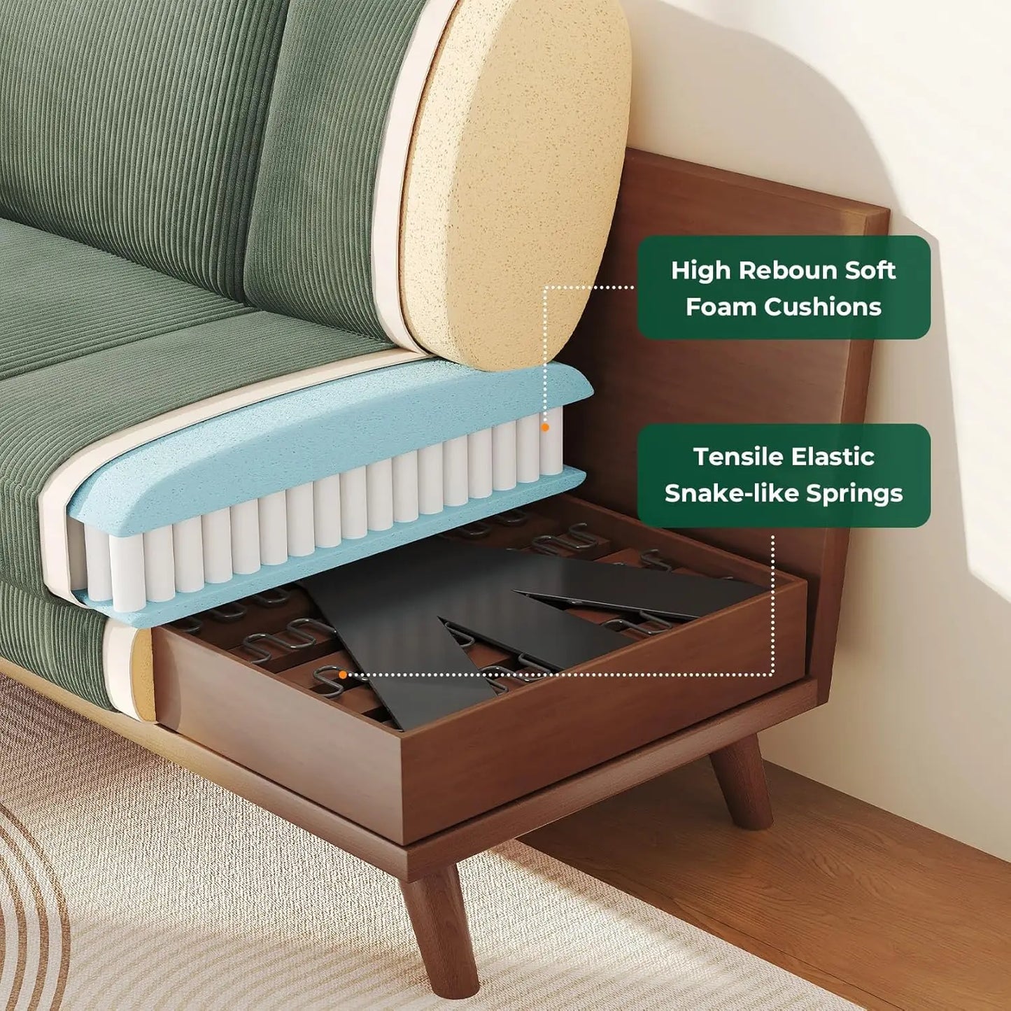 HUANZHUANG Corduroy Loveseat Sofa With Spring Cushion Solid Wood Frame