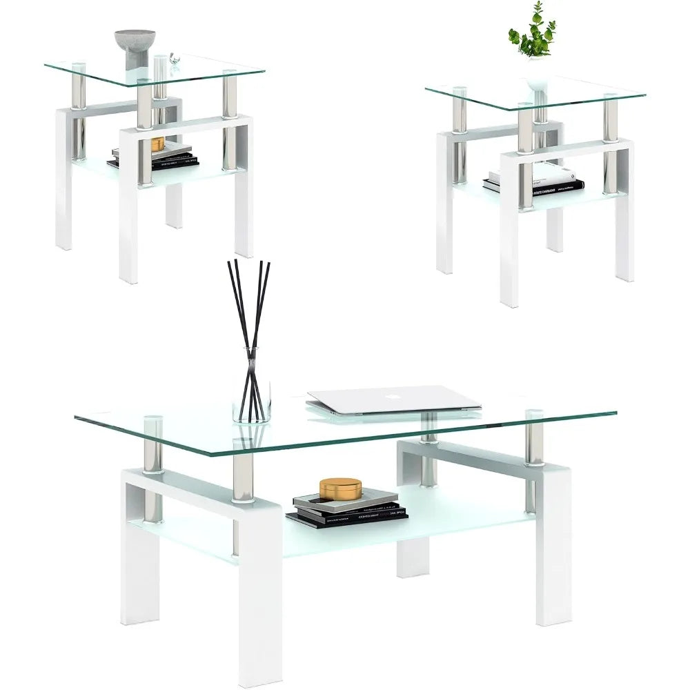 Living Room Tempered Glass Coffee Table And End Tables Set