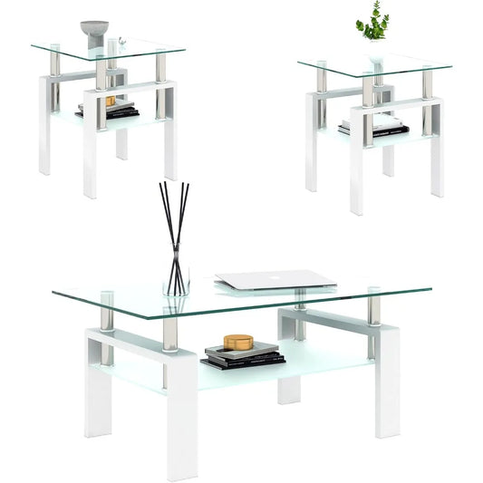 Living Room Tempered Glass Coffee Table And End Tables Set