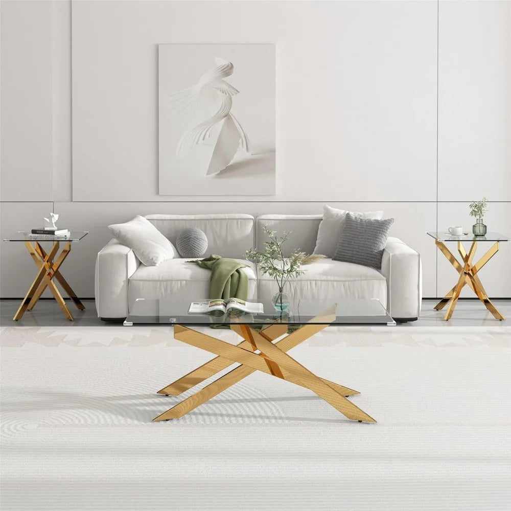 Tempered Glass Coffee And End Table Set With Geometric Legs
