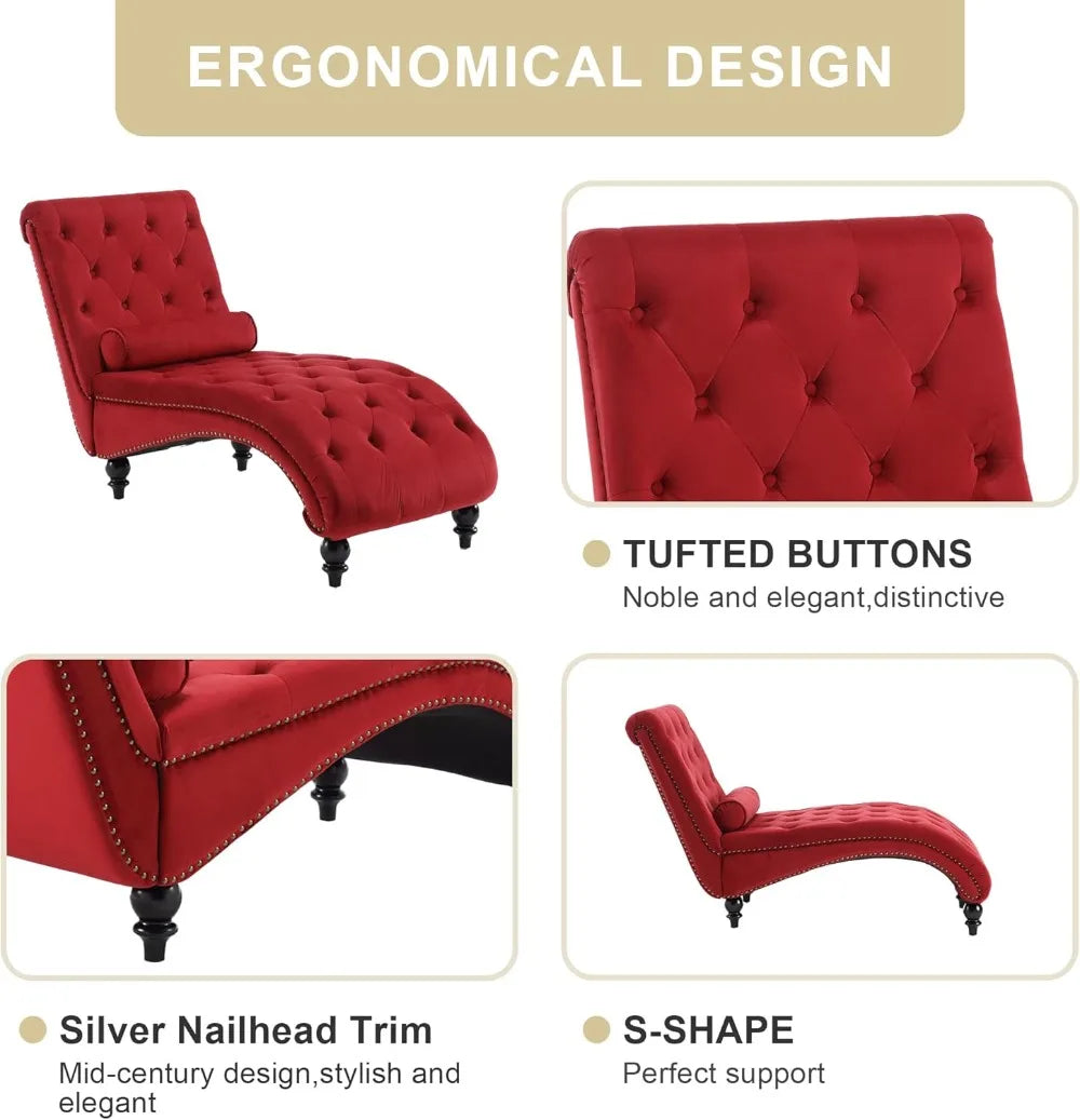 Velvet Upholstered Chaise Lounge Chair With Pillow Tufted Recliner