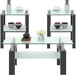 3-Piece Glass Coffee Table Set With End Tables Modern Metal