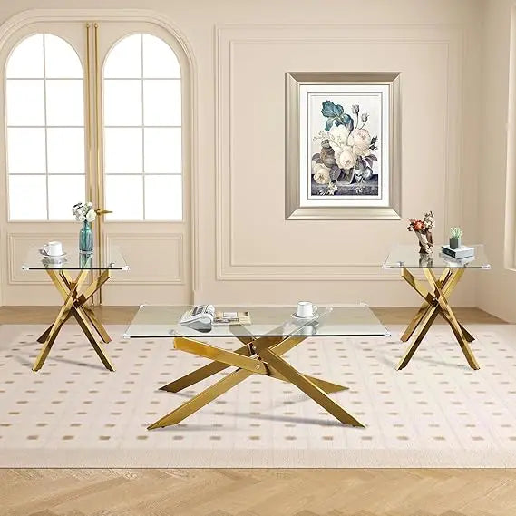 Tempered Glass Coffee And End Table Set With Geometric Legs