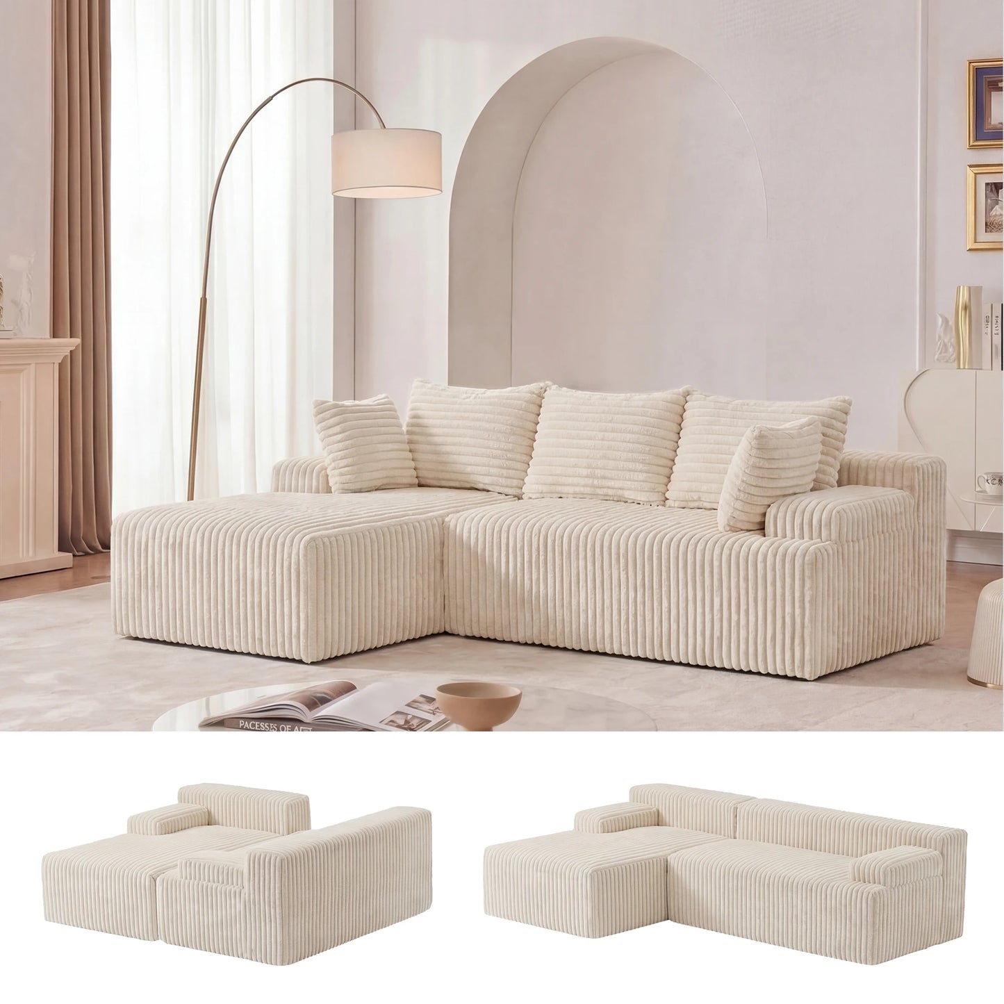 Redlife L-Shape Corduroy Sectional Sofa Cloud-Like Couch