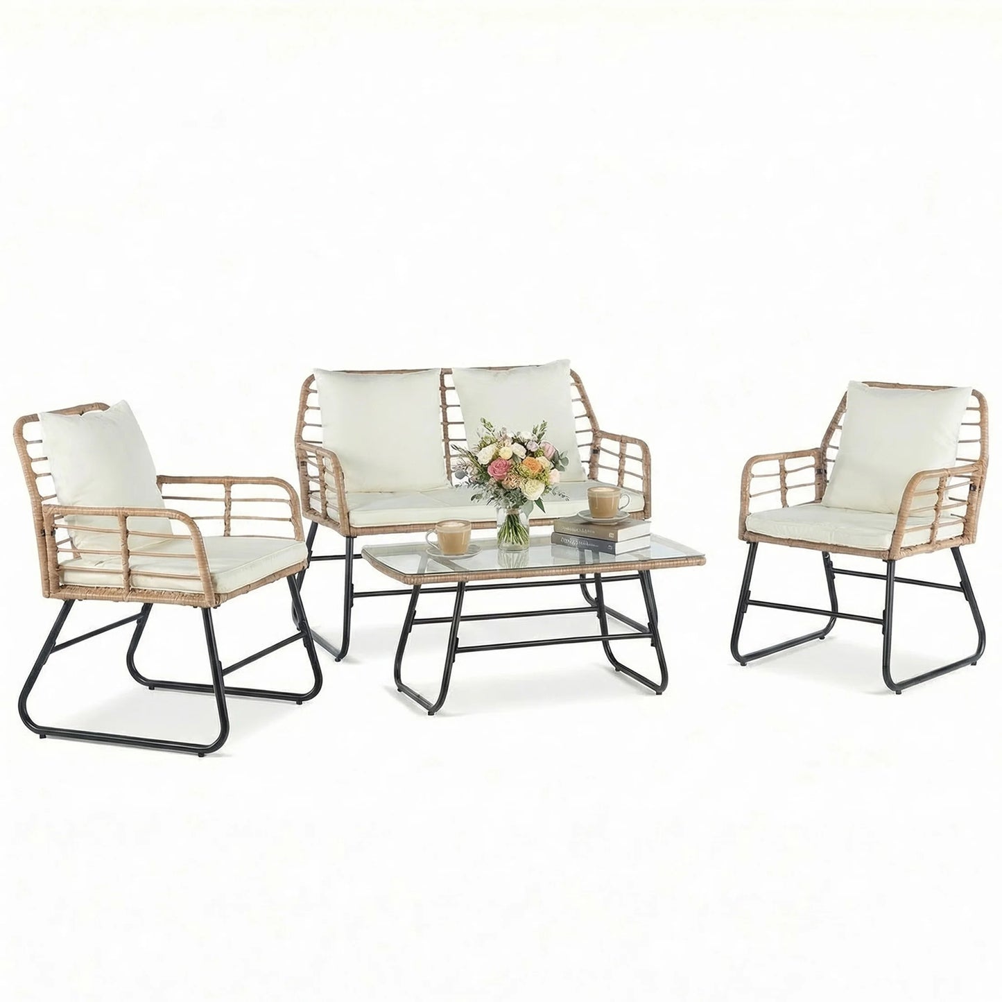 Outdoor Wicker Patio Furniture Set 4 With Cushions Glass Table