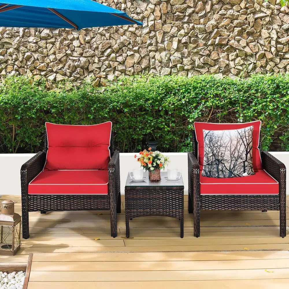 Outdoor Patio Furniture Set 3 Piece Wicker Chairs Glass Table